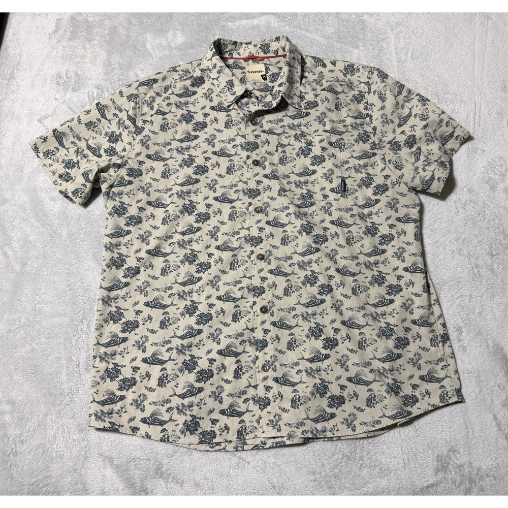 Simms Shirt Mens XL Button Up Fishing Fish All Over Print AOP Short Sleeve